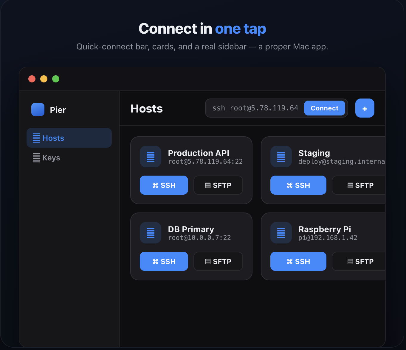 Pier host dashboard on macOS